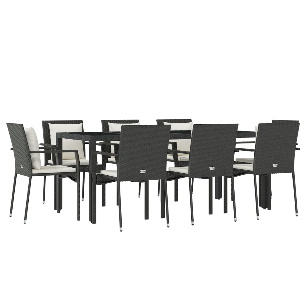 9 részes fekete polyrattan kerti étkezőgarnitúra párnákkal 3