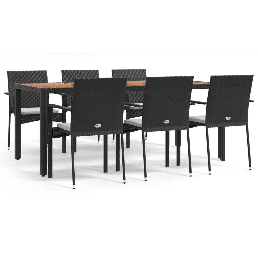 7 részes fekete polyrattan kerti étkezőgarnitúra párnával 2