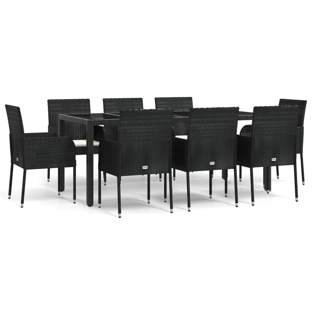 9 részes fekete polyrattan kerti étkezőgarnitúra párnákkal 2