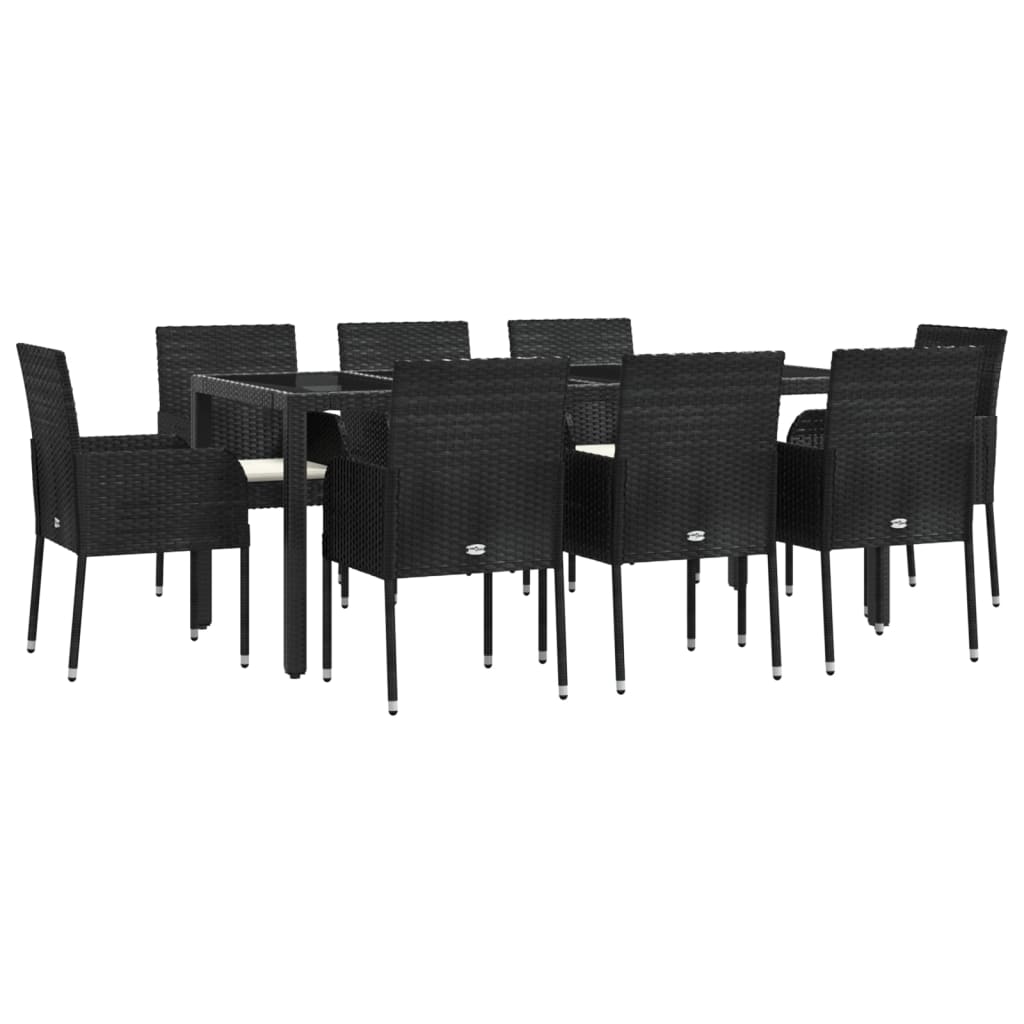 9 részes fekete polyrattan kerti étkezőgarnitúra párnákkal 3