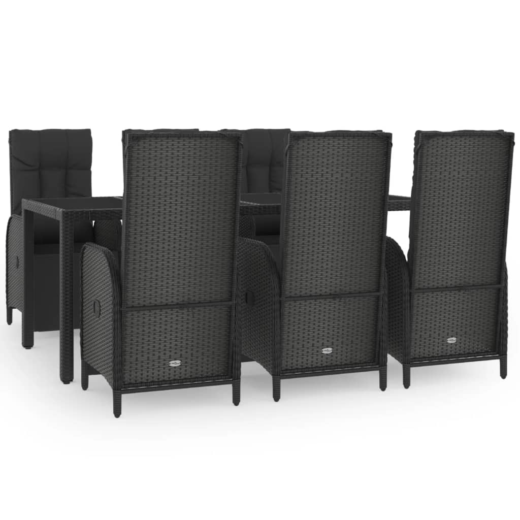 7 részes fekete polyrattan kerti étkezőgarnitúra párnával 2