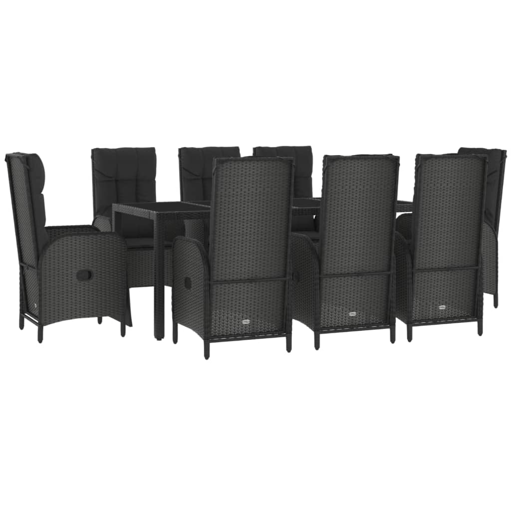 9 részes fekete polyrattan kerti étkezőgarnitúra párnákkal 3
