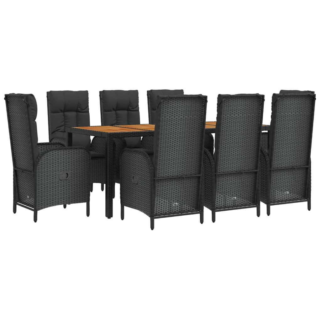 9 részes fekete polyrattan kerti étkezőgarnitúra párnákkal 3