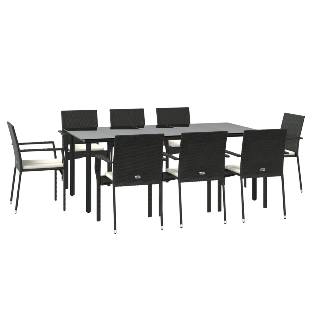 9 részes fekete polyrattan kerti étkezőgarnitúra párnákkal 3