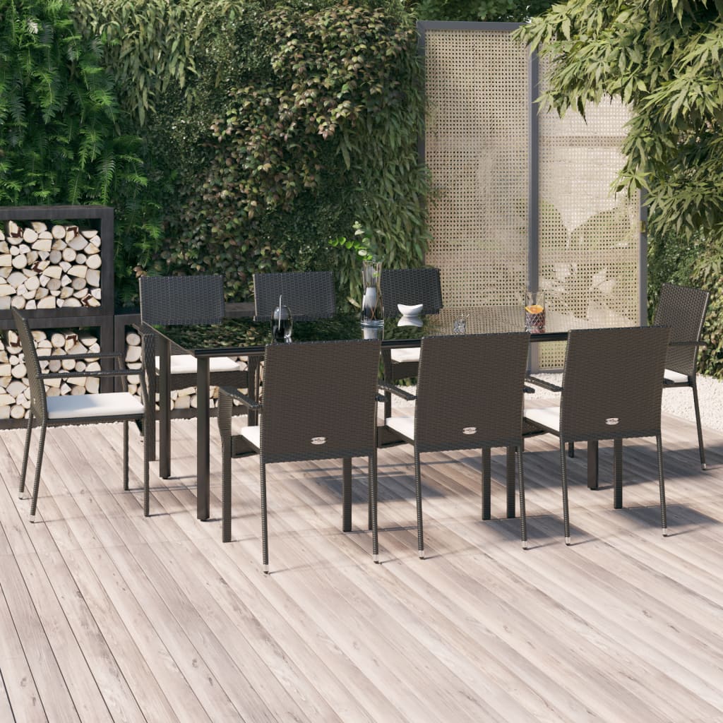 9 részes fekete polyrattan kerti étkezőgarnitúra párnákkal