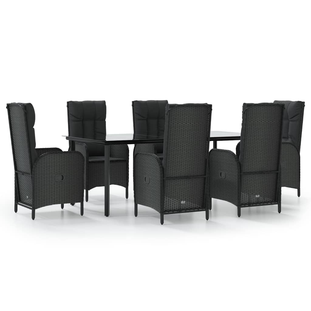 7 részes fekete polyrattan kerti étkezőgarnitúra párnával 2