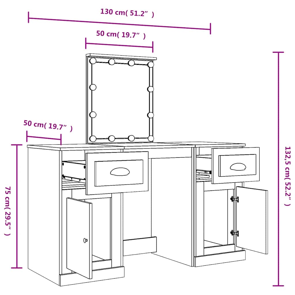 Szürke sonoma színű fésülködőasztal LED-del 130x50x132,5 cm 14