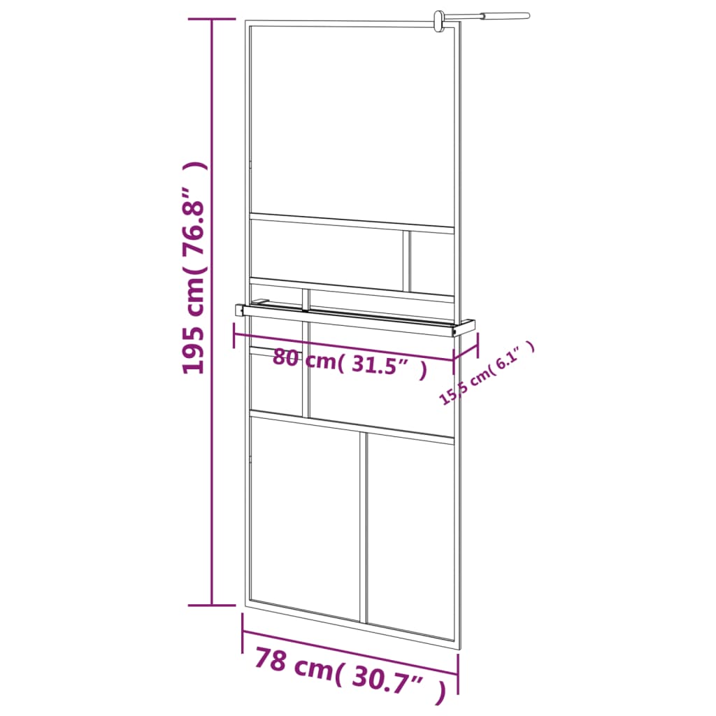 Fekete ESG üveg és alumínium zuhanyfal polccal 80 x 195 cm 12