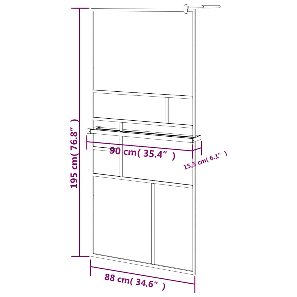Fekete ESG üveg és alumínium zuhanyfal polccal 90 x 195 cm 12