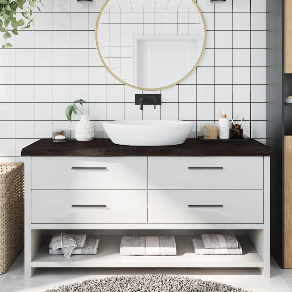 Sötétbarna kezelt tömör fa fürdőszobai pult 160x50x(2-6) cm