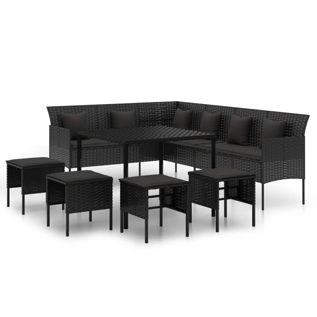6 részes fekete polyrattan kerti étkezőgarnitúra párnákkal 2
