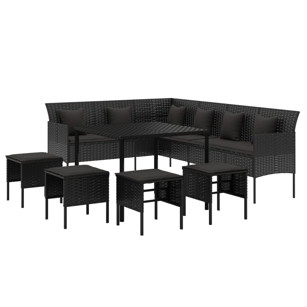 6 részes fekete polyrattan kerti étkezőgarnitúra párnákkal 4