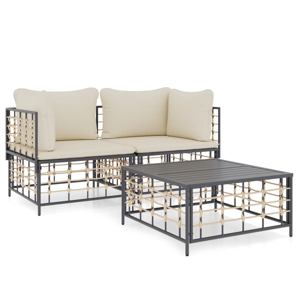 3 részes antracitszürke polyrattan kerti ülőgarnitúra párnákkal 2