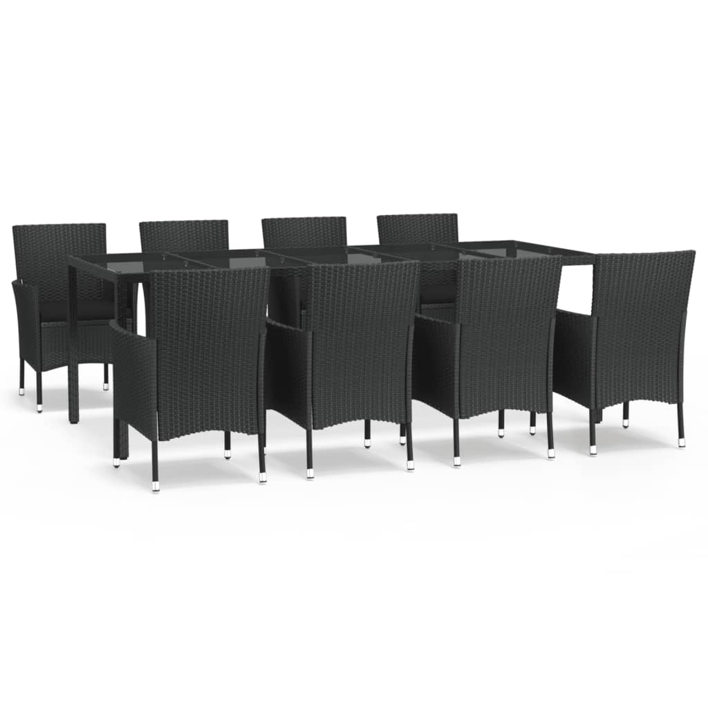 9 részes fekete polyrattan kerti étkezőgarnitúra párnákkal 2