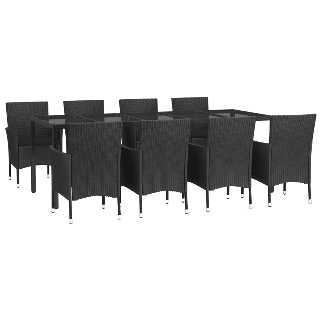 9 részes fekete polyrattan kerti étkezőgarnitúra párnákkal 3