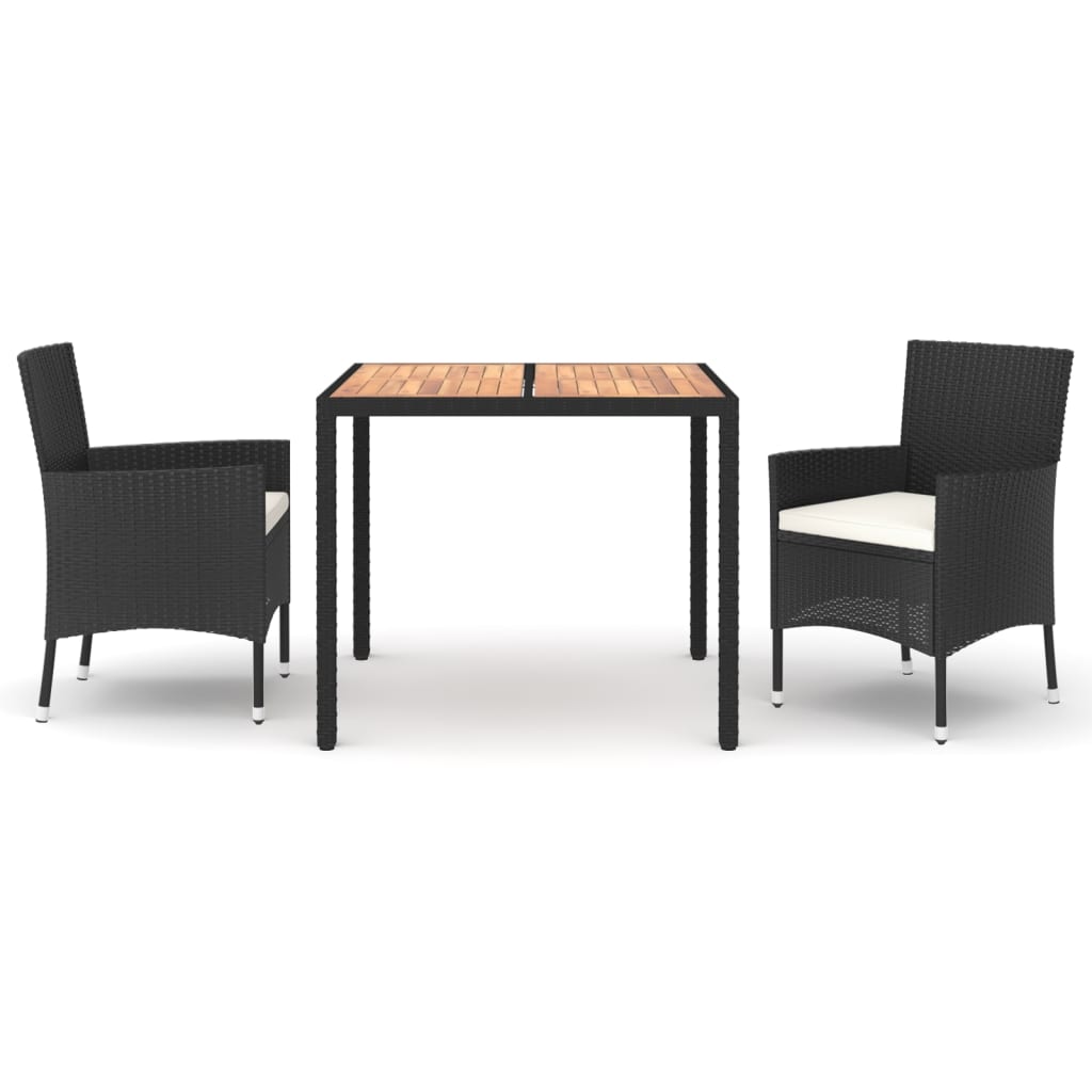 3 részes fekete polyrattan kerti étkezőgarnitúra párnákkal 2
