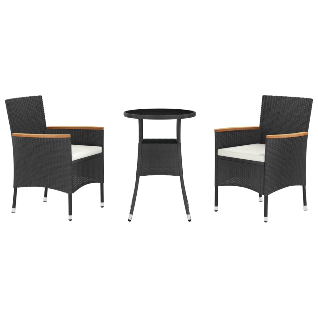 3 részes fekete polyrattan kerti bisztrógarnitúra párnákkal 2