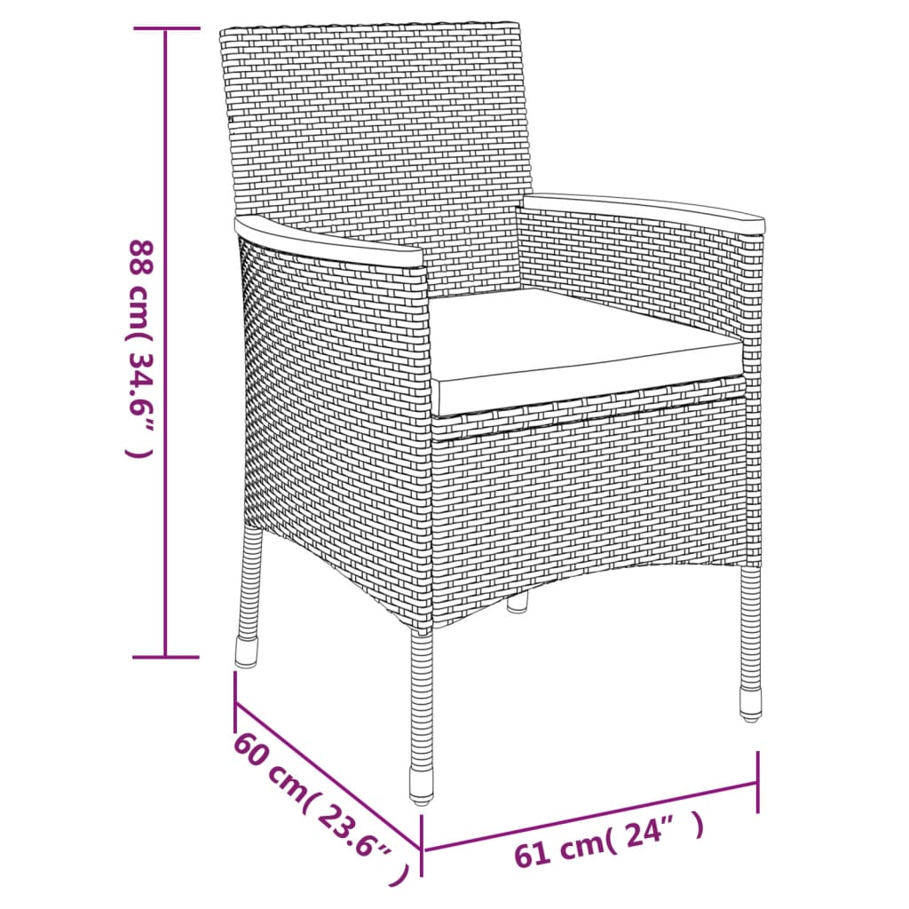 3 részes fekete polyrattan kerti bisztrógarnitúra párnákkal 9