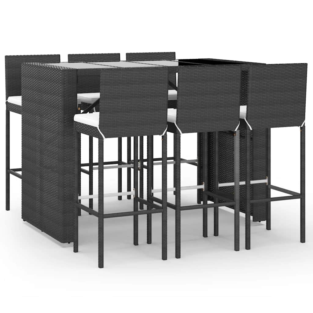 7 részes fekete polyrattan kerti bárszett párnákkal 2