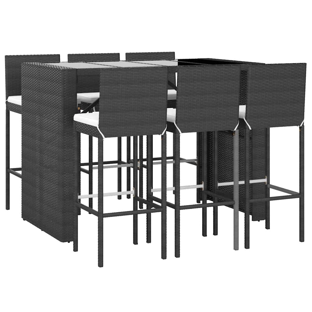 7 részes fekete polyrattan kerti bárszett párnákkal 3