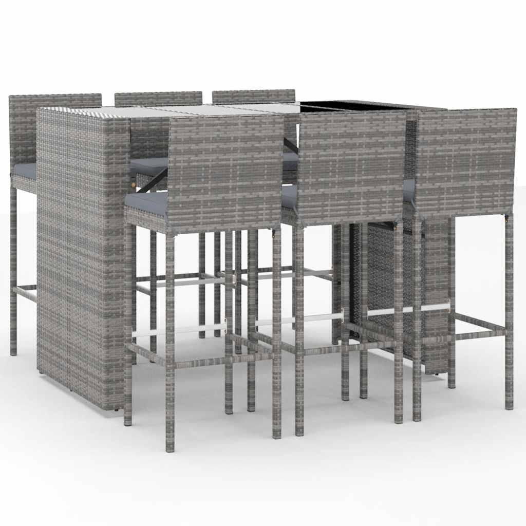 7 részes szürke polyrattan kerti bárszett párnákkal 2