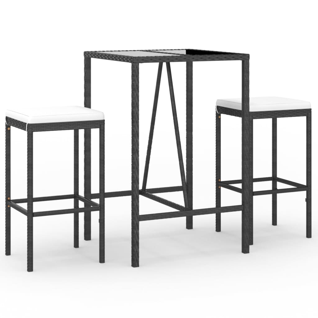 3 részes fekete polyrattan kerti bárszett párnával 2