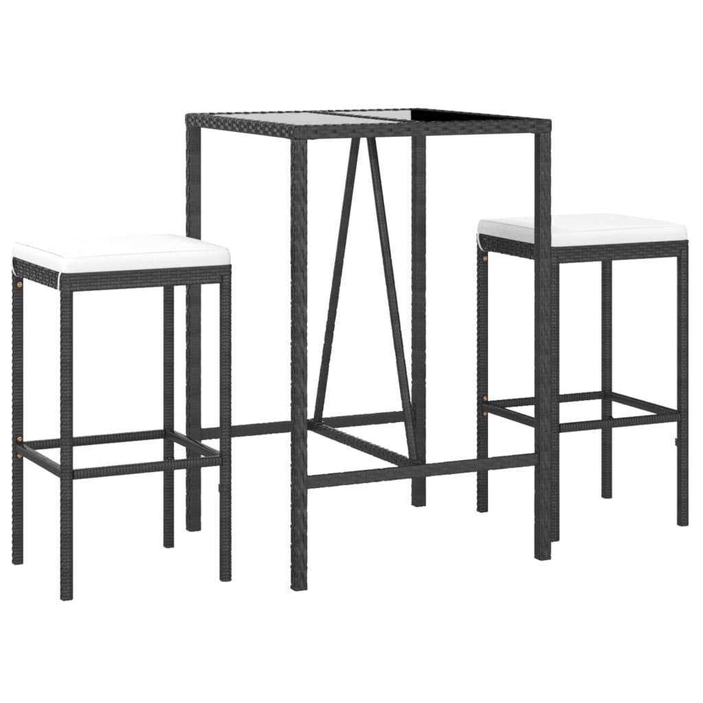 3 részes fekete polyrattan kerti bárszett párnával 3