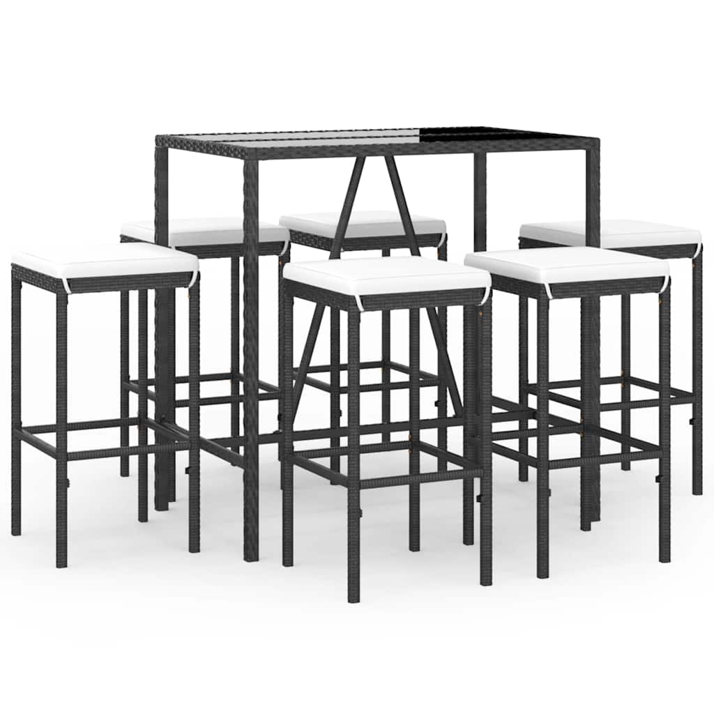 7 részes fekete polyrattan kerti bárszett párnákkal 2