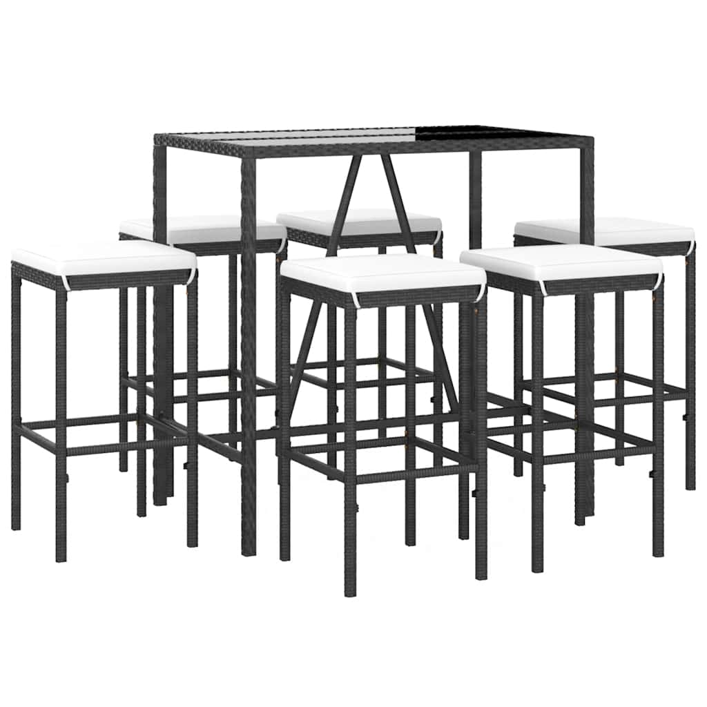7 részes fekete polyrattan kerti bárszett párnákkal 3