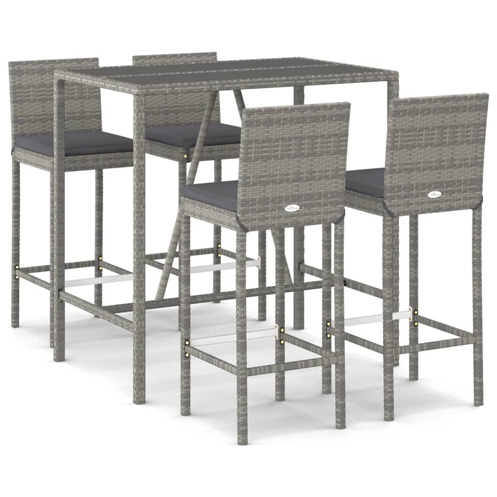 5 részes szürke polyrattan kerti bárszett párnákkal 2