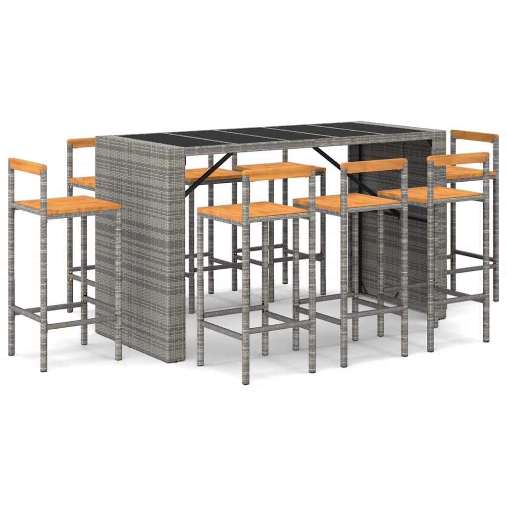 7 részes szürke polyrattan és tömör akácfa kerti bárszett 2