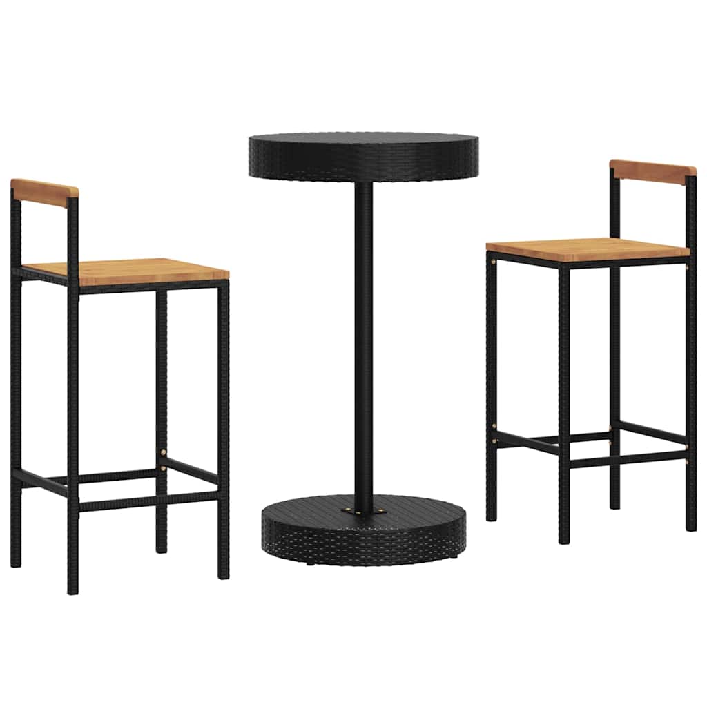 3 részes fekete polyrattan és tömör akácfa kerti bárszett 3
