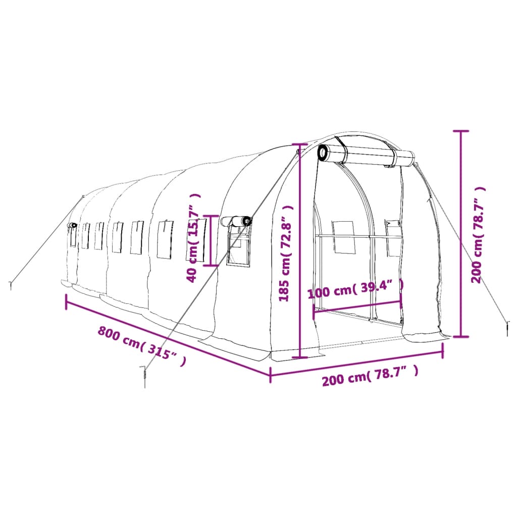 Zöld acélvázas melegház 16 m² 8 x 2 x 2 m 12