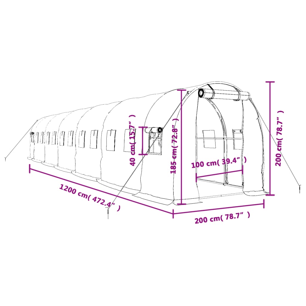 Zöld acélvázas melegház 24 m² 12 x 2 x 2 m 12