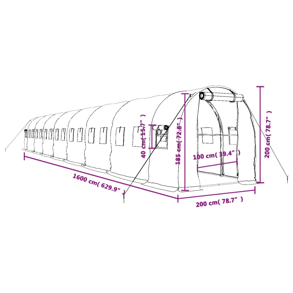 Zöld acélvázas melegház 32 m² 16 x 2 x 2 m 12