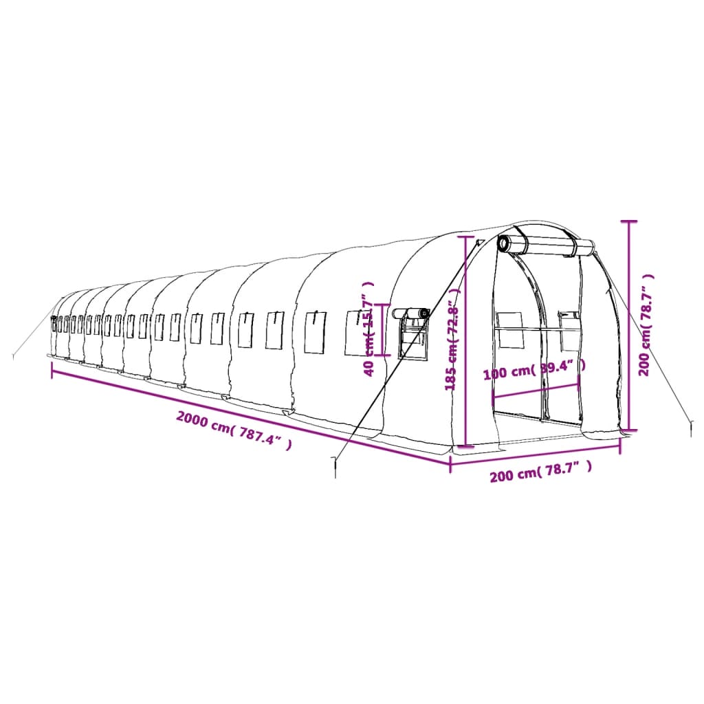 Zöld acélvázas melegház 40 m² 20 x 2 x 2 m 12