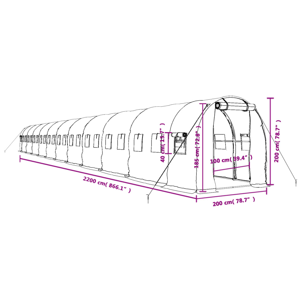 Fehér acélvázas melegház 44 m² 22x2x2 m 12