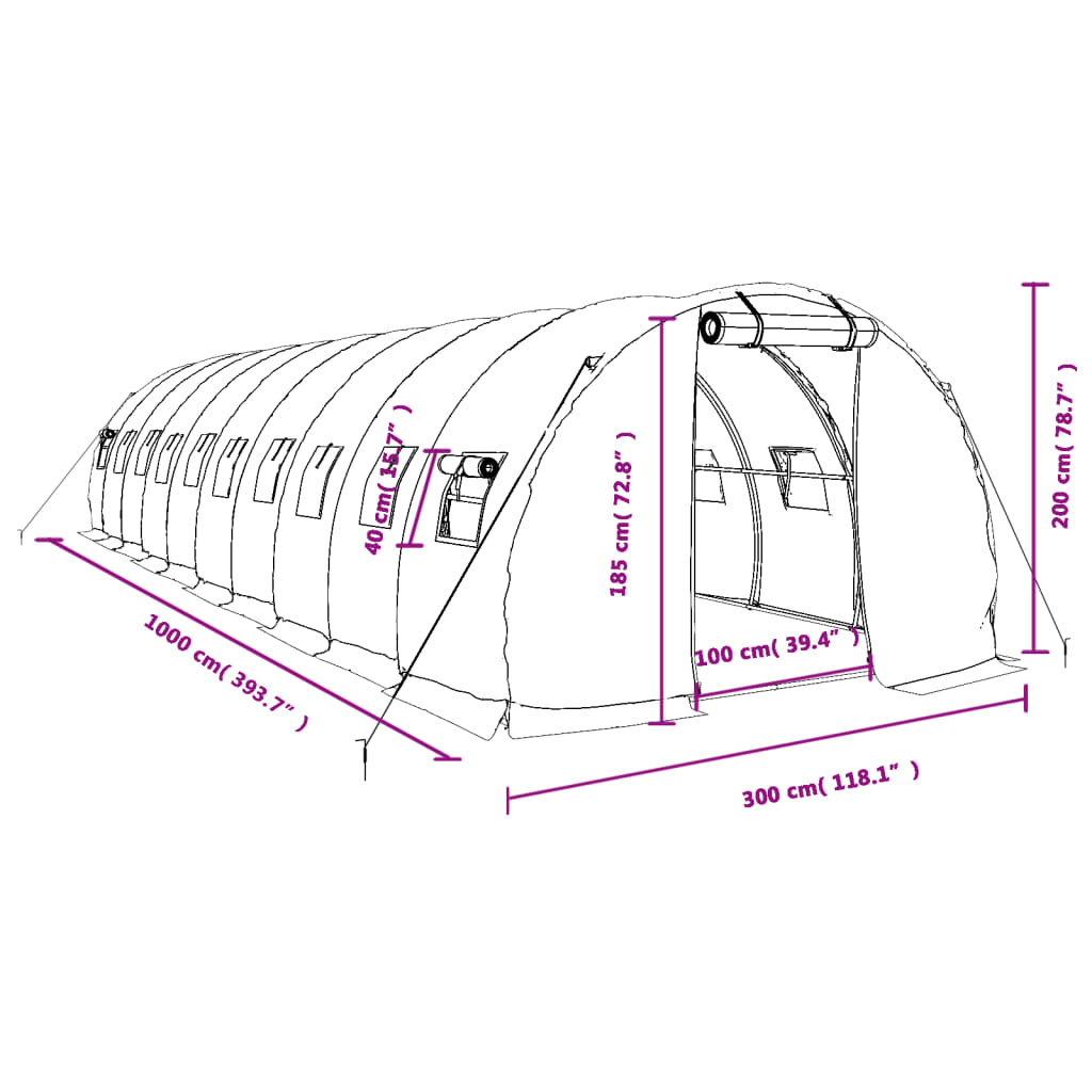 Zöld acélvázas melegház 30 m² 10 x 3 x 2 m 12
