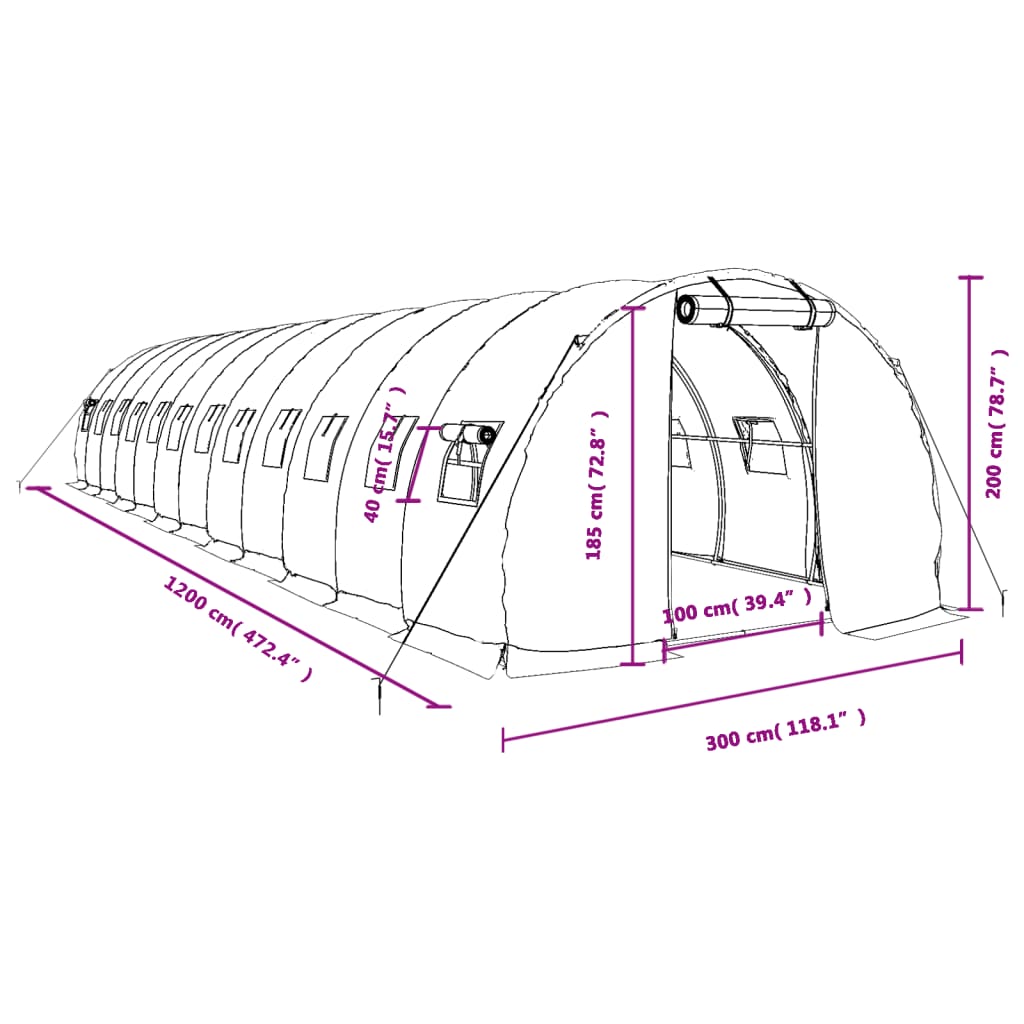 Fehér acélvázas melegház 36 m² 12 x 3 x 2 m 12
