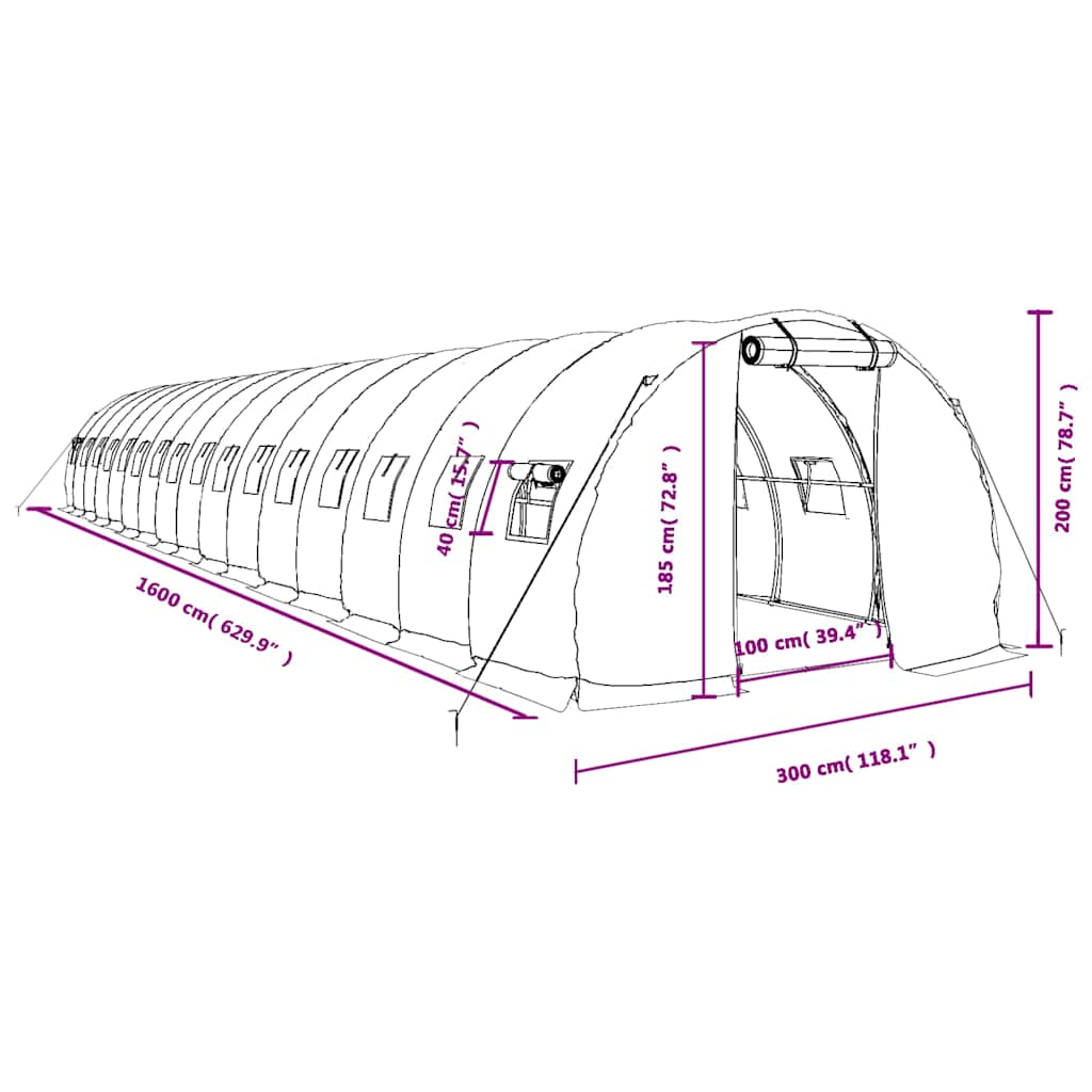 Fehér acélvázas melegház 48 m² 16 x 3 x 2 m 12