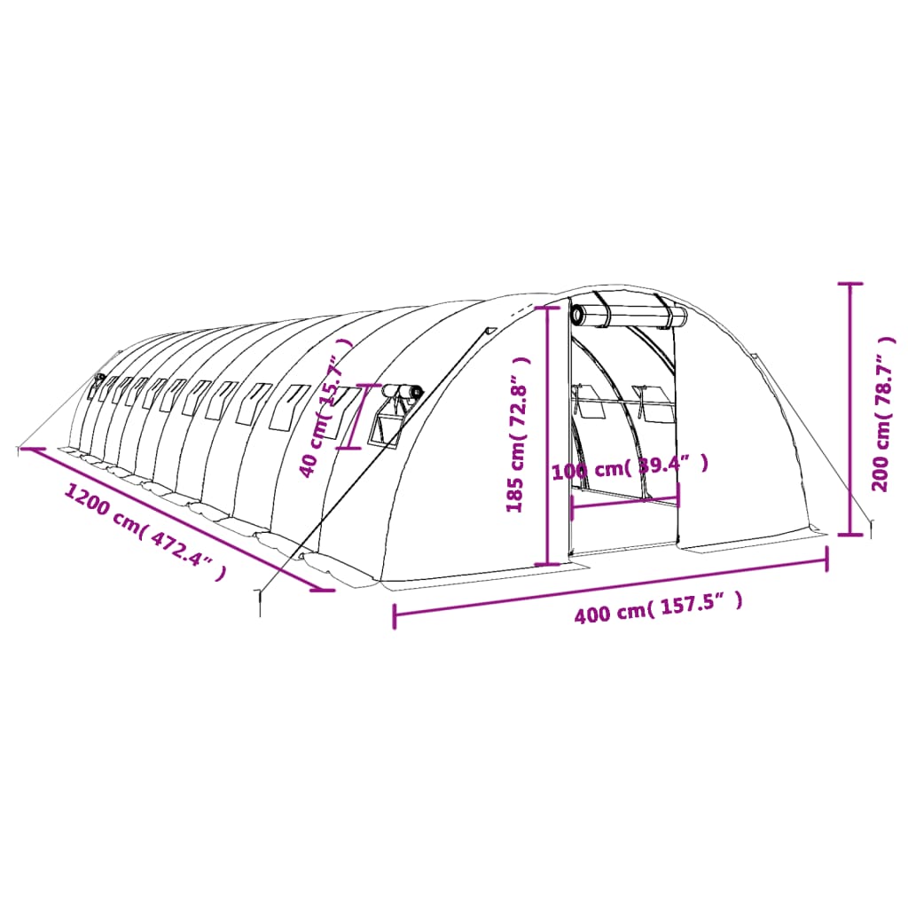 Zöld acélvázas melegház 48 m² 12 x 4 x 2 m 12