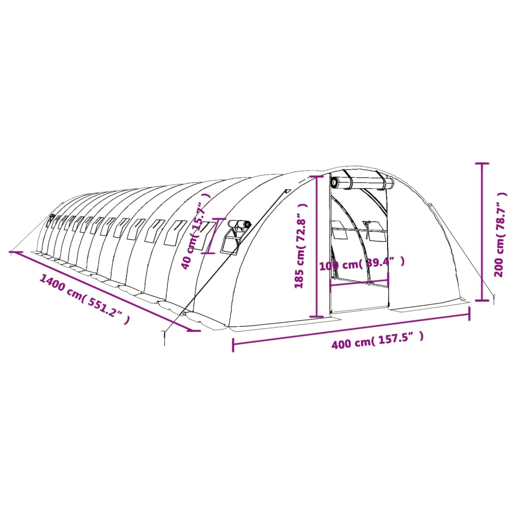 Fehér acélvázas melegház 56 m² 14 x 4 x 2 m 12