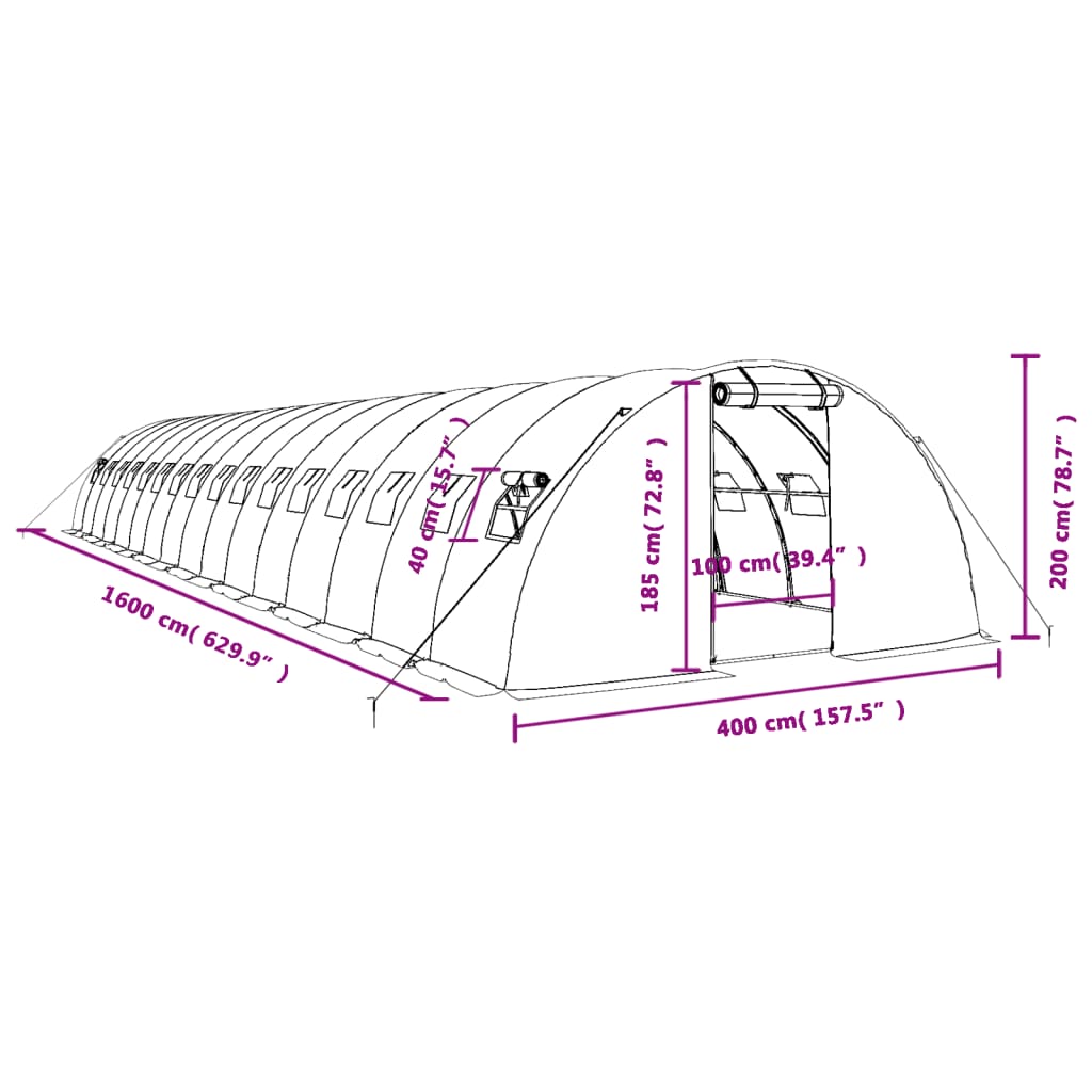 Fehér acélvázas melegház 64 m² 16 x 4 x 2 m 12