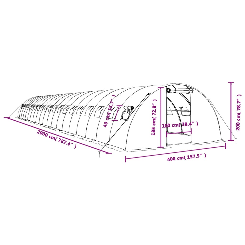 Fehér acélvázas melegház 80 m² 20x4x2 m 12