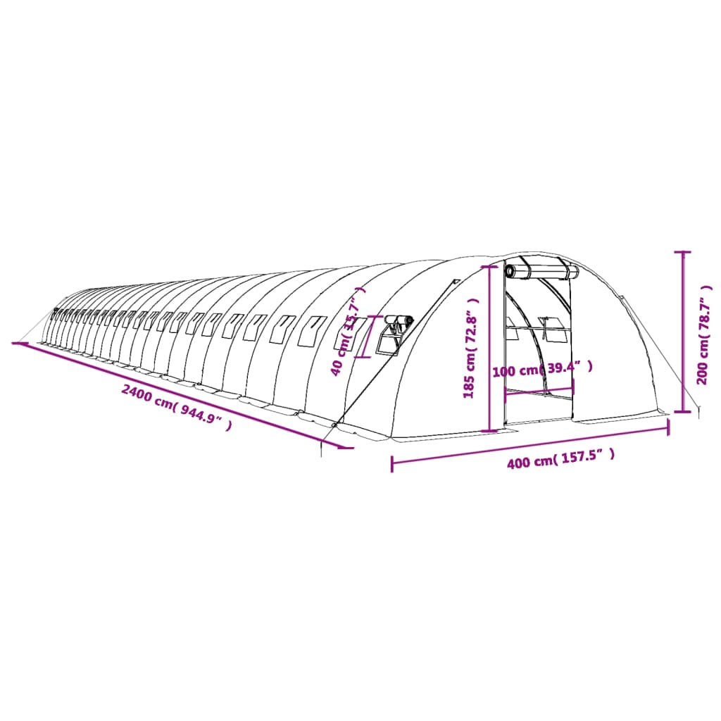 Fehér acélvázas melegház 96 m² 24 x 4 x 2 m 12