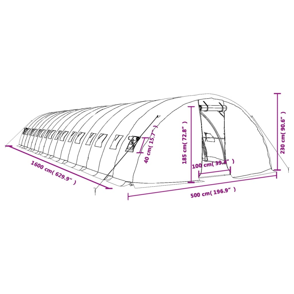 Zöld acélvázas melegház 80 m² 16 x 5 x 2,3 m 12