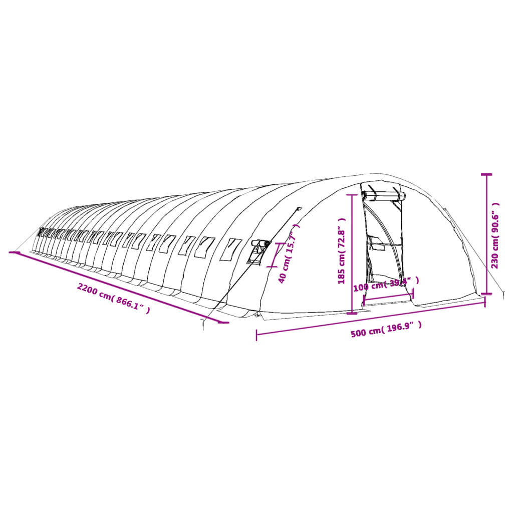 Zöld acélvázas melegház 110 m² 22 x 5 x 2,3 m 12