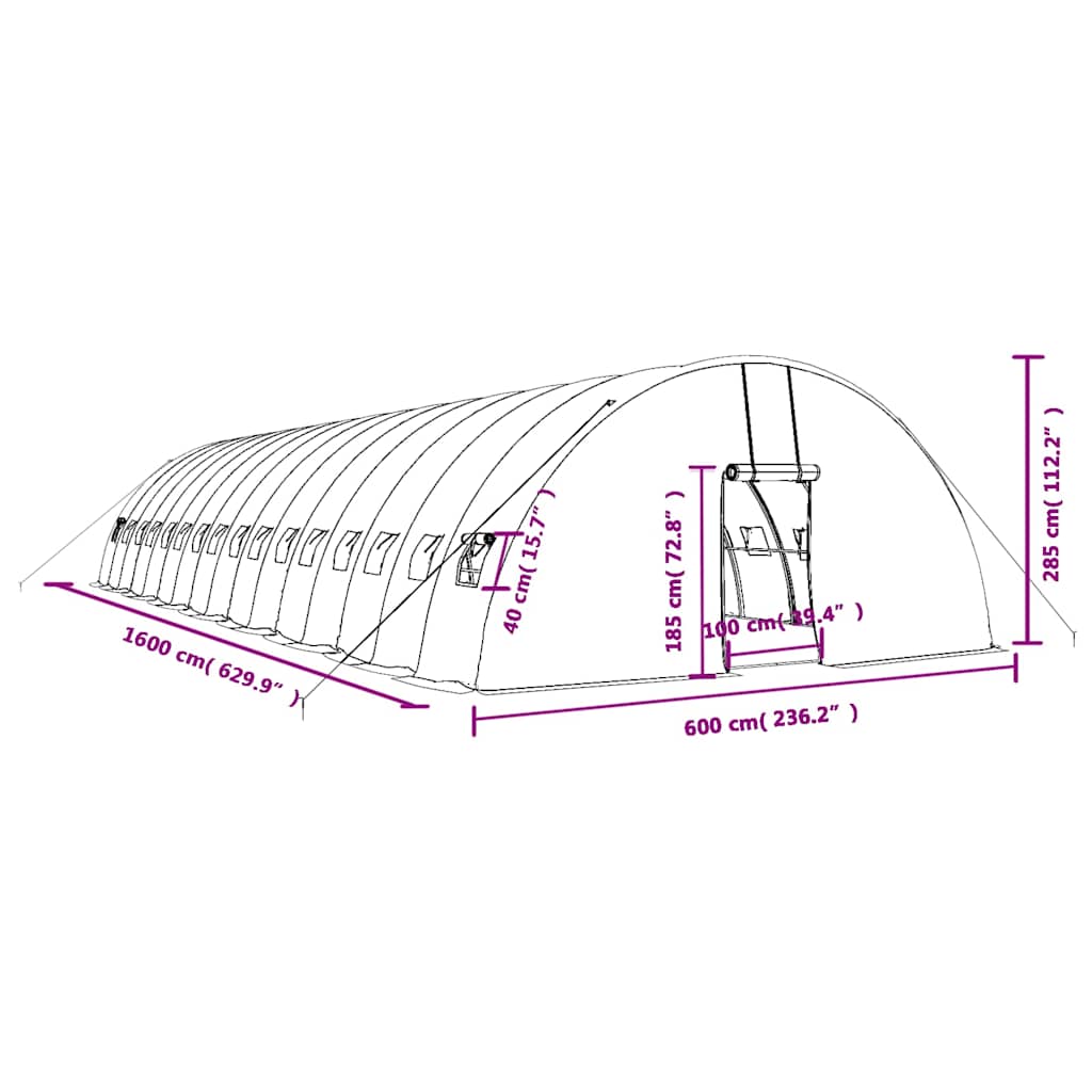 Zöld acélvázas melegház 96 m² 16 x 6 x 2,85 m 12