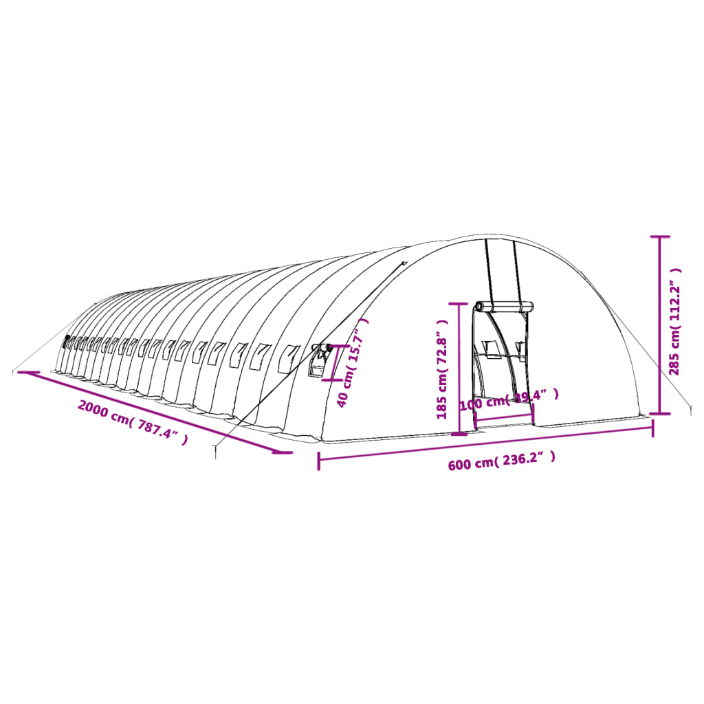 Fehér acélvázas melegház 120 m² 20x6x2,85 m 12