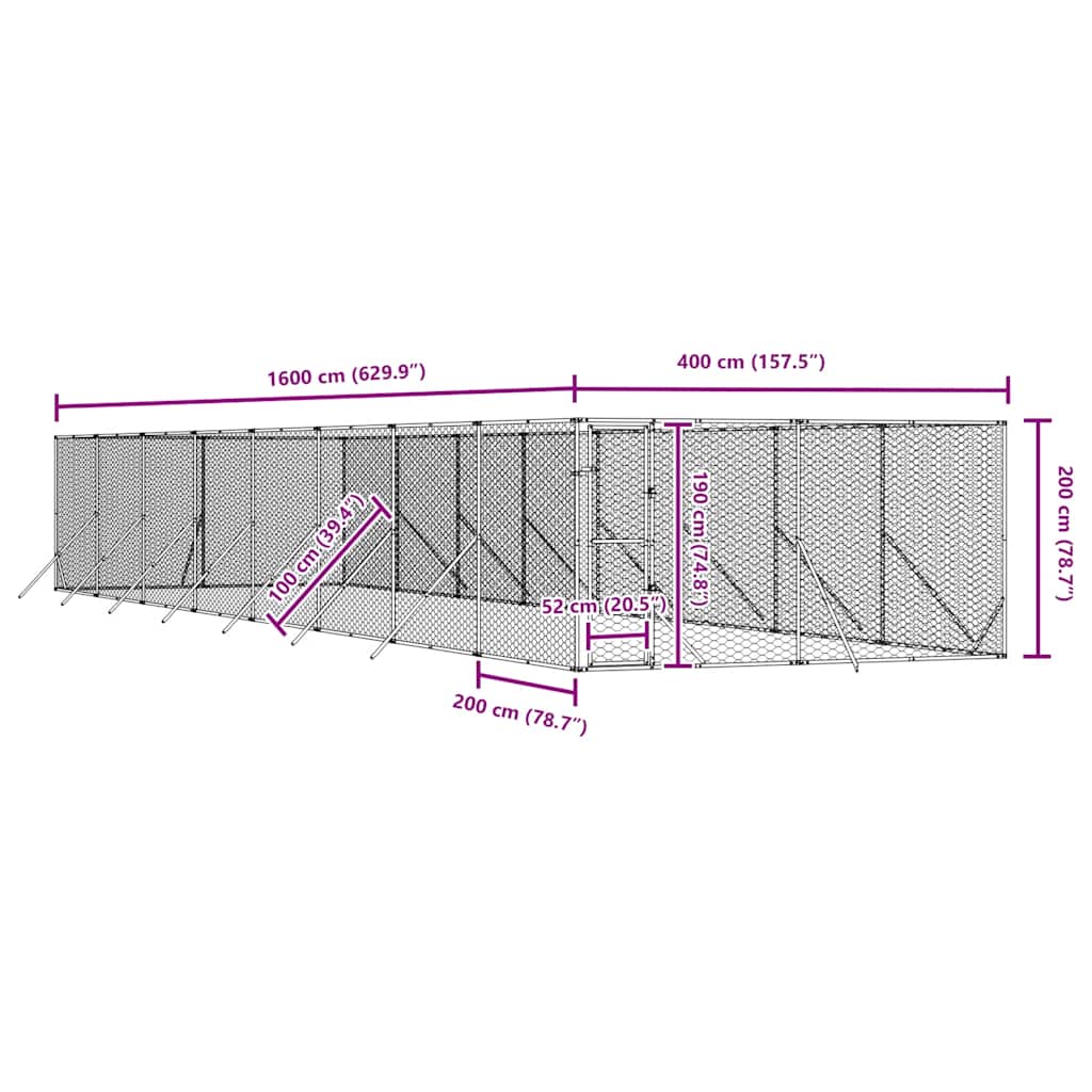 Ezüstszínű kültéri horganyzott acél kutyakennel 4 x 16 x 2 m 9